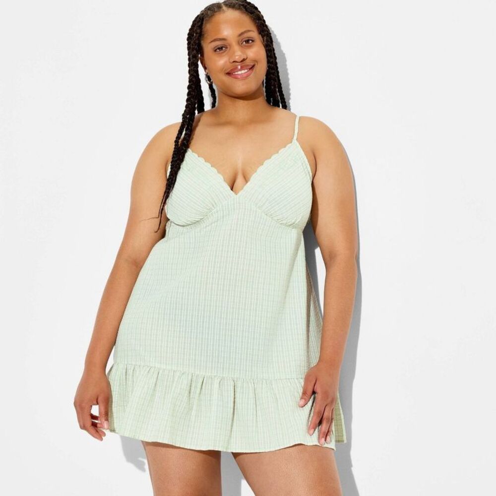Women's Mini Scallop Cup A-Line Dress - Wild Fable Green Check XXL